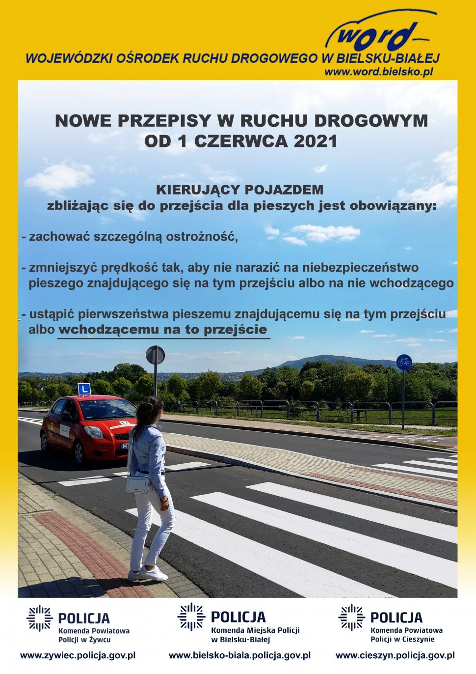 plakat informujący o zmianach w przepisach ruchu drogowego