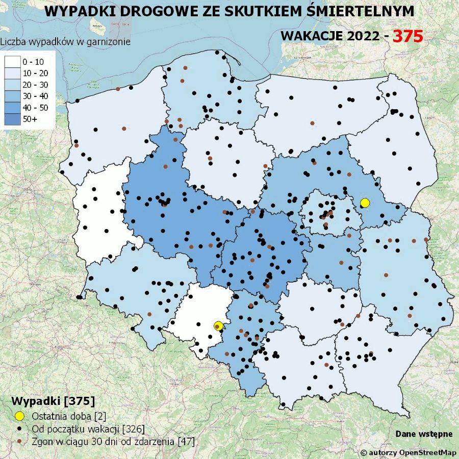 mapa Polski z zaznaczonymi miejscami wypadków śmiertelnych