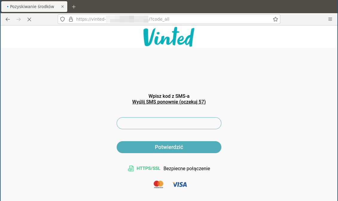 grafika-zrzut strony internetowej z napisem vinted i wpisz kod sms