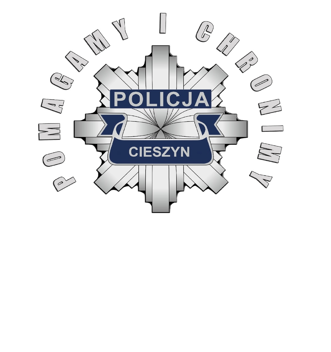 logo policji -policyjna gwiazda z napisem policja cieszyn pomagamy i chronimy