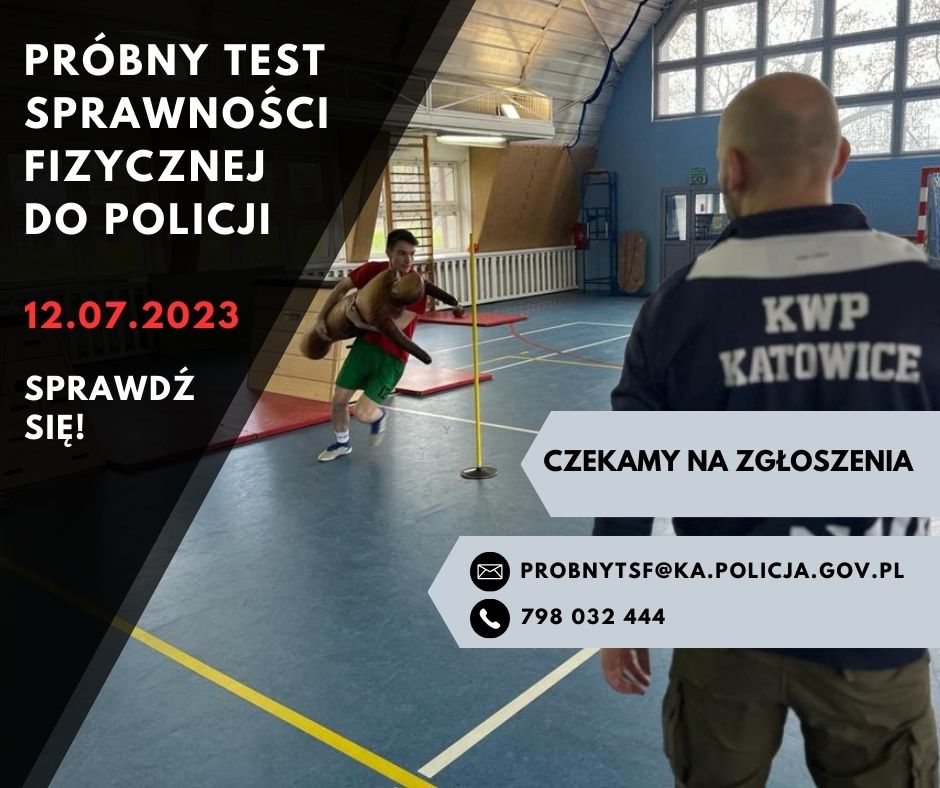 Na zdjęciu widać osobę pokonującą test sprawności fizycznej do policji oraz policyjnego instruktora, który nadzoruje przebieg próby. Na zdjęciu zamieszczono tekst: Czekamy na zgłoszenia. Sprawdź się. 12.07.2023. Próbny test sprawności fizycznej do Policji. Adres e-mail: probnytsf@ka.policja.gov.pl tel. 798 032 444