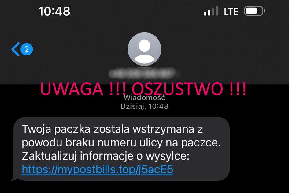 zdjęcie- sms z linkiem do fałszywej strony , napis UWAGA OSZUSTWO