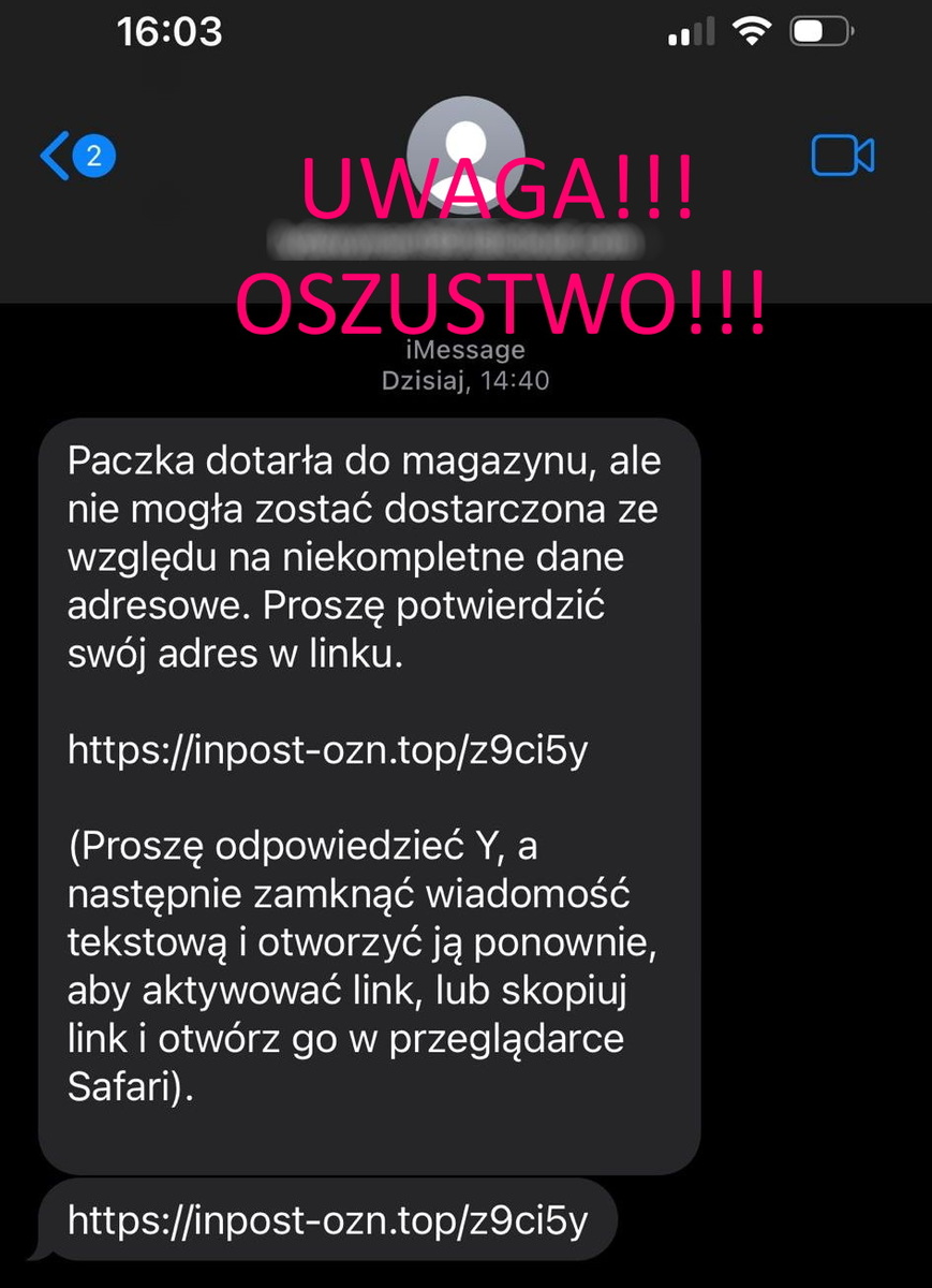 zdjęcie- sms z linkiem do fałszywej strony , napis UWAGA OSZUSTWO