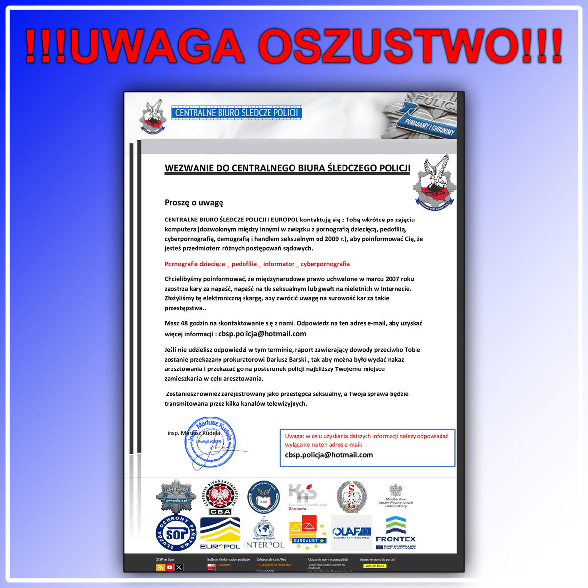 grafika- obraz strony internetowej Centralnego Biura Śledczego Policji i napis uwaga oszustwo w związku z wezwaniem od CBŚP