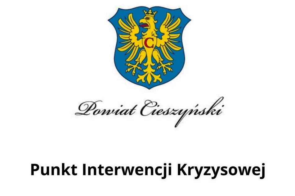 zdjęcie-herb powiatu cieszyńskiego żółty orzeł na niebieskim tle i napis Punkt Interwencji Kryzysowej