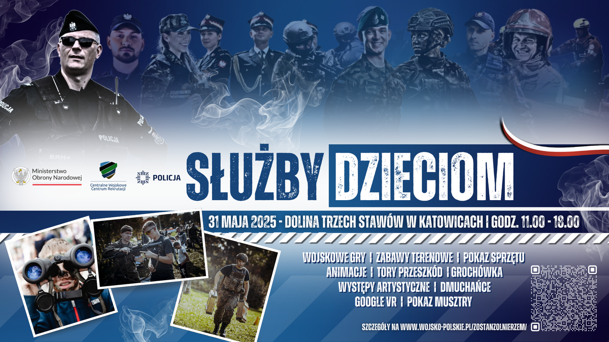plakat z policjantem i napisem służby mundurowe dzieciom