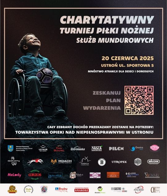 plakat promujacy wydarzenie- dziecko z piłką na nogach, siedzi na wóżku inwalidzkim