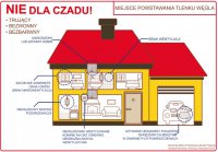 rysunek przedstawiający schemat budynku oraz najczęstszych miejsc występowania czadu w mieszkaniu