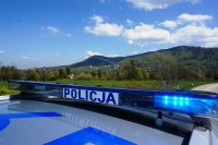 napis policja na dachu radiowozu, a w tle widok na góry