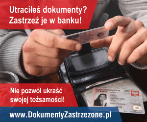 plakat informujący o możliwości zastrzeżenia utraconych dokumentów w bazie danych - www.DokumentyZastrzezone.pl