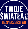 biały napis na niebieskim tle, &quot;Twoje światła, twoje bezpieczeństwo&quot;