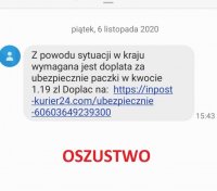 grafika- zrzut ekranu z treścią sms &quot;&quot;Z powodu sytuacji w kraju wymagana jest doplata za ubezpieczenie paczki w kwocie 1.19 zl Doplac na :https;//inpost-kurier24.com/ubezpieczenie-606036492