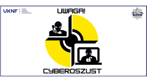 grafika- napis Uwaga- cyber oszust, grafika przedstawiająca człowieka rozmawiającego przez telefon oraz ekran monitora