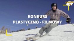 narciarz zjeżdża po śniegu, dzień, zima, śnieg, napis konkurs plastyczno-filmowy