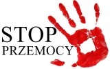 czerwona dłoń na białym tle, napis STOP PRZEMOCY