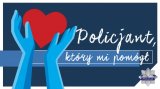 grafika- niebieskie dłonie trzymają czerwone serce na granatowym tle , po prawej stronie napis policjant który mi pomógł