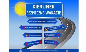 grafika- drogowskazy, napis kierunek bezpieczne wakacje