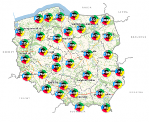 mapa Polski, wewnątrz kółka z cyframi dotyczącymi ilości zagrożeń zgłoszonych