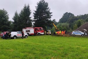 dzień, deszczowo, w tle samochody policji i straży pożarnej, łąka