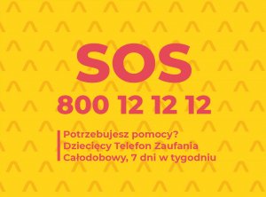 grafika, żółte tło, napis SOS , numer 800 12 12 12