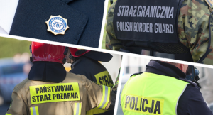 Kolaż w postaci osób w mundurze SOP, Policji, Straży Pożarnej i Straży Granicznej