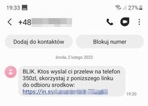 grafika-fałszywy sms z informacją o otrzymanym przelewie