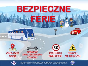 grafika- góry, śnieg, czerwony napis Bezpieczne Ferie