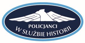 grafika-na białym tle dwa koła w kolorze niebieskim, w środku napis Policjanci w służbie historii, nad napisem dwa skrzydła