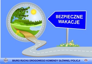 grafika- kula ziemska, prowadzi do niej droga, napis na kierunkowskazie Bezpieczne wakacje