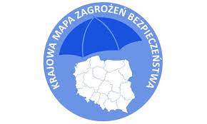 grafika- niebieski okrąg, w nim mapa polski a nad nią parasol, dokoła napis Krajowa Mapa Zagrożeń Bezpieczeństwa