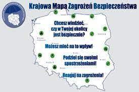 grafika-mapa Polski, napis Krajowa Mapa Zagrożeń Bezpieczeństwa