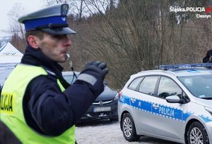 grafika- zima, policjant kieruje ruchem, pochmurno, droga