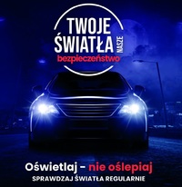 grafika- samochód na granatowym tle, napis twoje światła twoje bezpieczeństwo