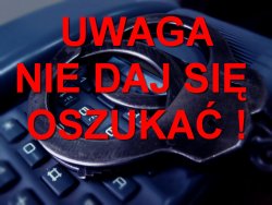 grafika, telefon stacjonarny, kajdanki, czerwony napis &quot;uwaga- nie daj się oszukać&quot;