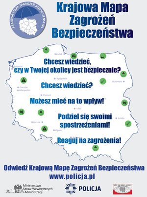 plakat z napisem Krajowa Mapa Zagrożeń Bezpieczeństwa, kontury mapy Polski