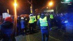 grafika- noc, zima, śnieg, sztuczne oświetlenie przez lampy drogowe, policjanci na skwerze rozdają odblaski zebranym ludziom