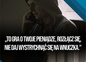 grafika- mężczyzna rozmawia przez telefon, napis-to jest gra o twoje pieniądze, rozłącz się. Opis w tekście