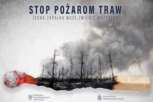 grafika- widok, paląca się trawa , dym, napis STOP wypalaniu traw