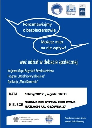 plakat- zaproszenie do udziału w debacie, niebieskie tło, opis w tekście