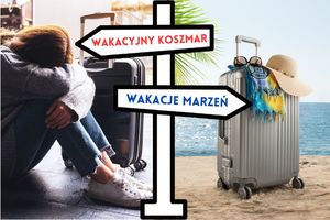 grafika- grafika przedstawia siedzącą osobę z głową opartą o kolana, czerwony napis wakacyjny koszmar, niebieski napis wakacje marzeń