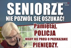 zdjęcie starszej kobiety rozmawiającej przez telefon, napis seniorze nie daj się oszukać