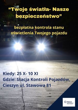 plakat akcji-ciemne tło, światła pojazdu, tekst-szczegółowy opis w tekście