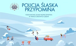 &quot;Plakat z napisem policja śląska przypomina podstawowe zasady bezpieczeństwa w trakcie zimowych zabaw. W tle góry, samochód i dzieci bawiące się na śniegu.&quot;