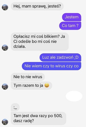 grafika- Przykładowa rozmowa sms, w której oszust prosi o wysłanie kodu BLIK