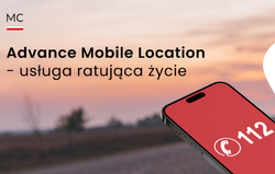Tekst alternatywny: Advance Mobile Location – usługa ratująca życie, logo Ministerstwa Cyfryzacji, ekran smartfona z numerem 112&quot;