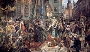 „Konstytucja 3 Maja 1791 roku” obraz Jana Matejki. Dzieło powstało w 1891 roku na setną rocznicę uchwalenia konstytucji. Obraz ma wymiary: 247 × 446 cm. Można go oglądać w Zamku Królewskim w Warszawie.Obraz Jana Matejki &amp;quot;Konstytucja 3 maja&amp;quot; przedstawia pochód posłów z Zamku Królewskiego do kolegiaty św. Jana w celu zaprzysiężenia z królem tekstu konstytucji. Centralną postacią obrazu jest marszałek Sejmu Wielkiego Stanisław Małachowski z nową konstytucją w dłoni. Po schodach do kolegiaty św. Jana wchodzi król Stanisław August Poniatowski. W środku obrazu przedstawiona jest scena, która tak naprawdę rozegrała się na Zamku Królewskim. Poseł ziemi kaliskiej Jan Suchorzewski, przeciwny konstytucji i reformom, próbuje zabić nożem swojego synka.