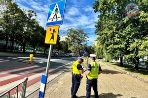 zdjęcie-dzień, słonecznie , policjanci przy przejściu dla pieszych obserwują drogę