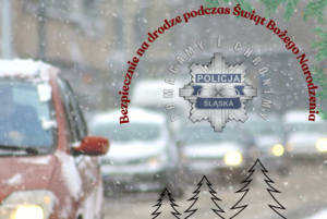 zdjęcie-zima, auto, napis bezpiecznie na drodze