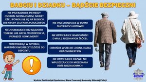 grafika-dwie starsze osoby idą obok siebie, informacje prewencyjne umieszczone w tekście