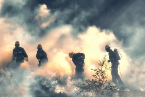 Strażaccy podczas gaszenia pożaru traw